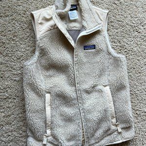 Patagonia Womens Vest Beige Sherpa Logo Patch Full Zip Pockets Mock Neck Size S